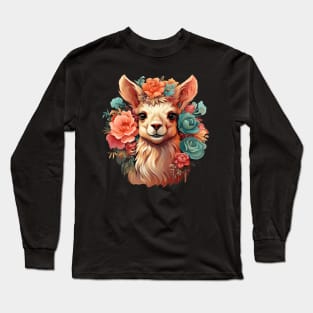 Llama Colorful Floral Illustration Long Sleeve T-Shirt